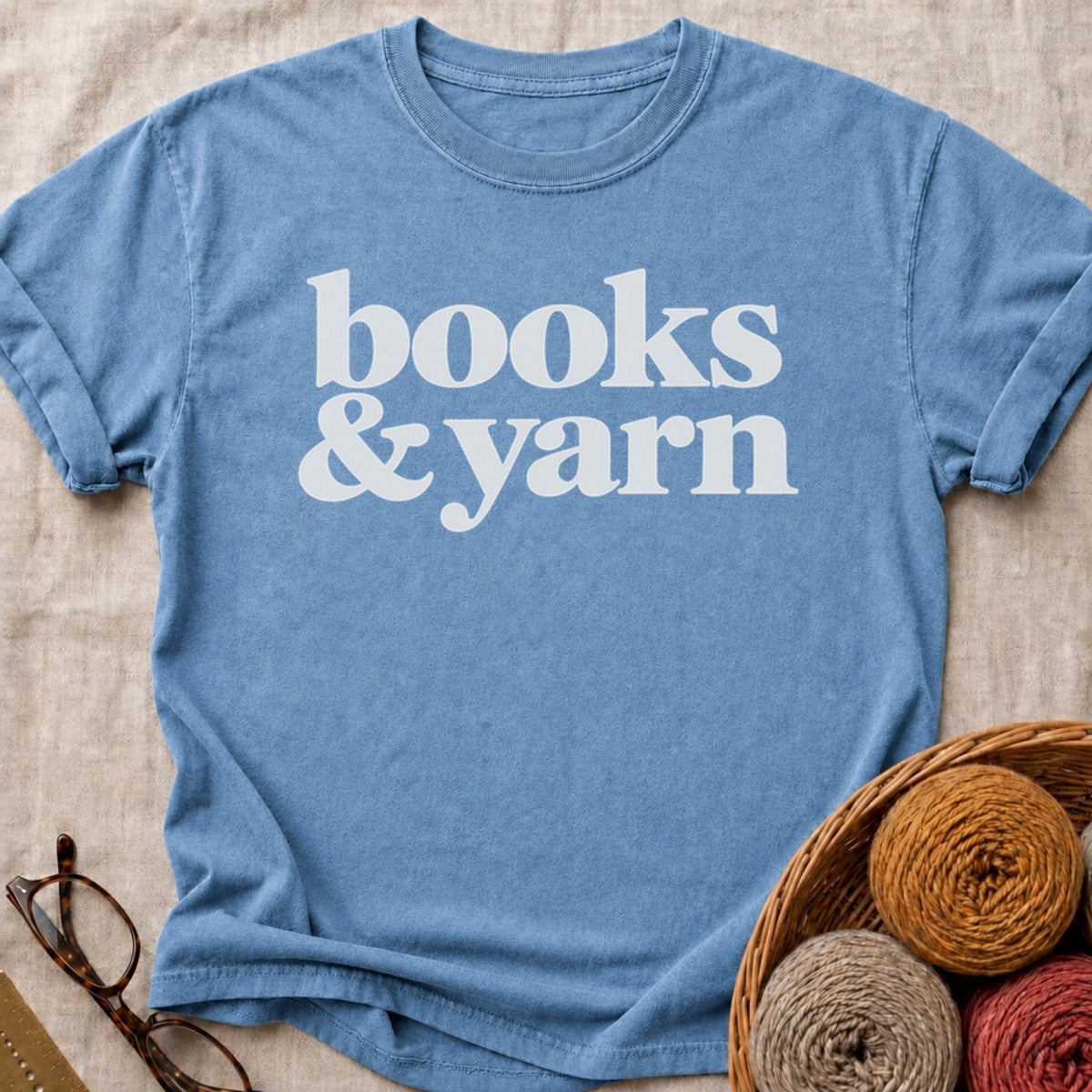 Books And Yarn T-Shirt in Blue Jean