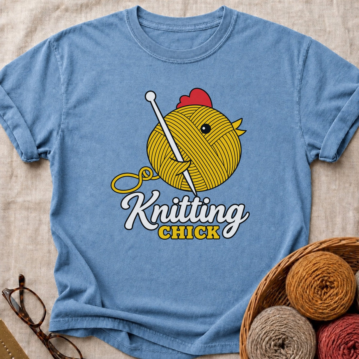 Knitting Chick T-Shirt in Blue Jean