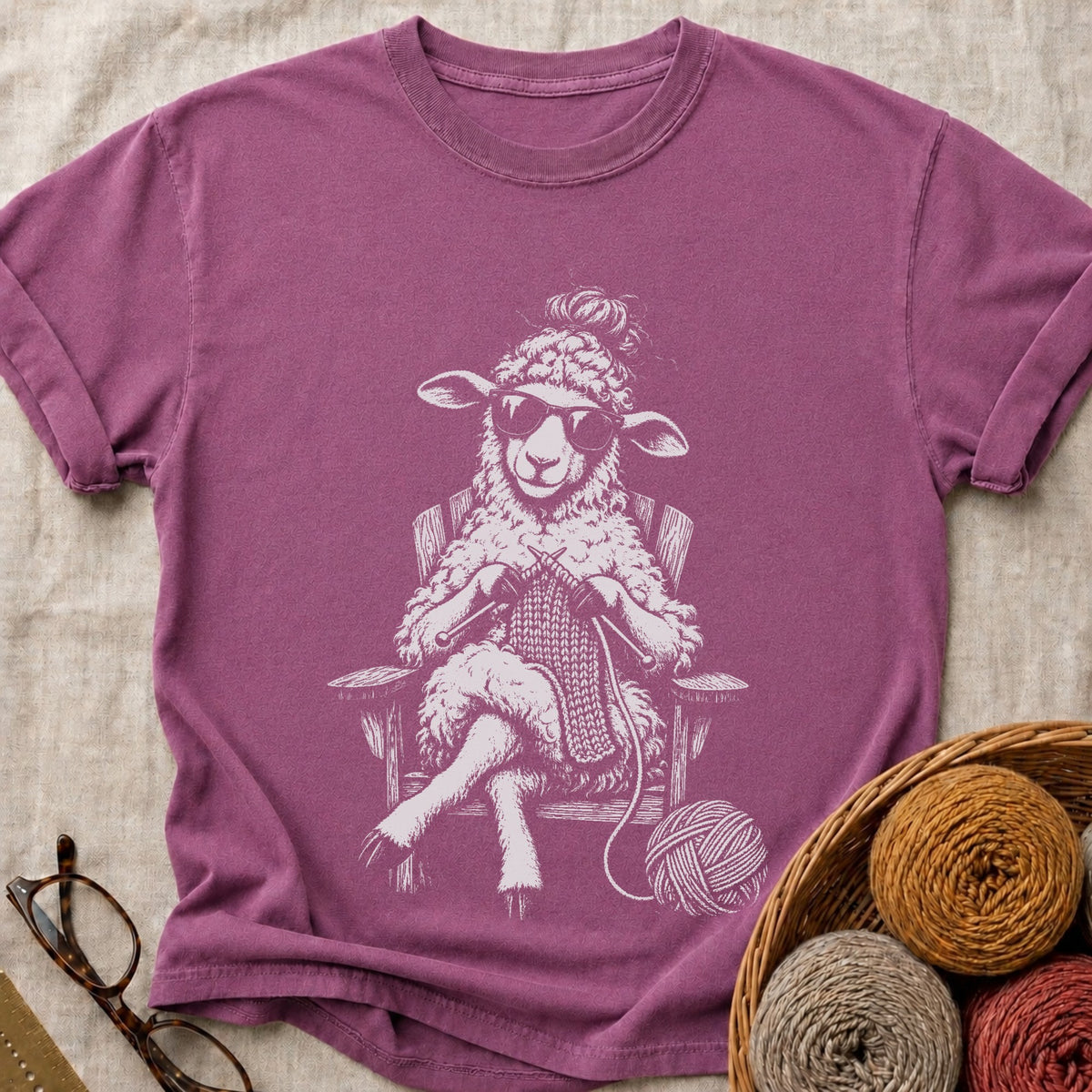 Knitting Sheep T-Shirt in Berry